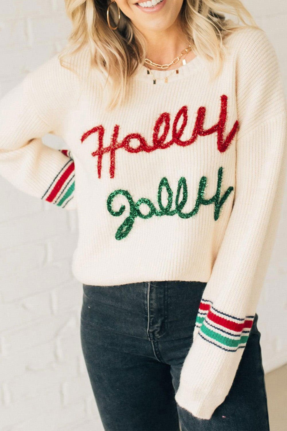 Beige Tinsel Holly Jolly Graphic Round Neck Sweater - Vesteeto