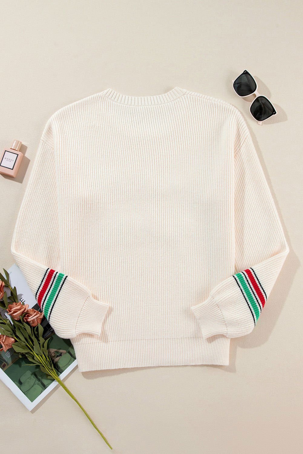 Beige Tinsel Holly Jolly Graphic Round Neck Sweater - Vesteeto