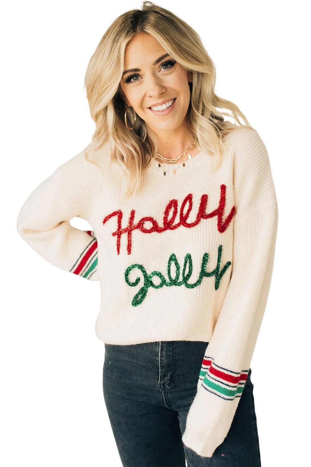 Beige Tinsel Holly Jolly Graphic Round Neck Sweater - Vesteeto