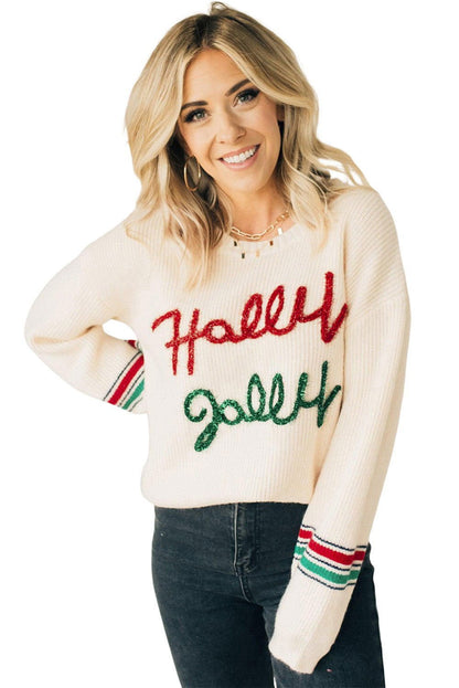 Beige Tinsel Holly Jolly Graphic Round Neck Sweater - Vesteeto