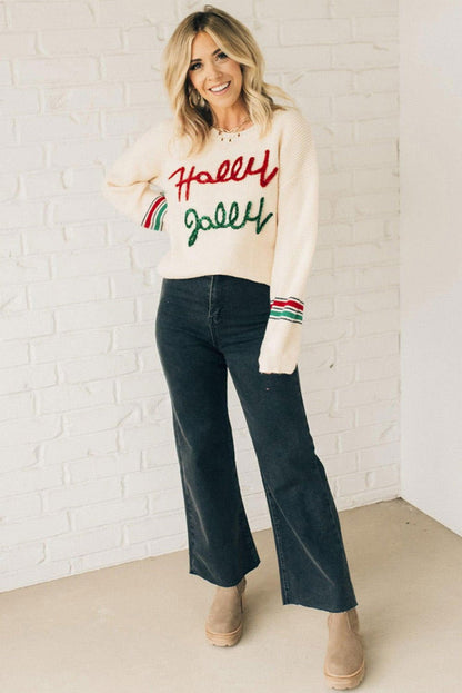 Beige Tinsel Holly Jolly Graphic Round Neck Sweater - Vesteeto