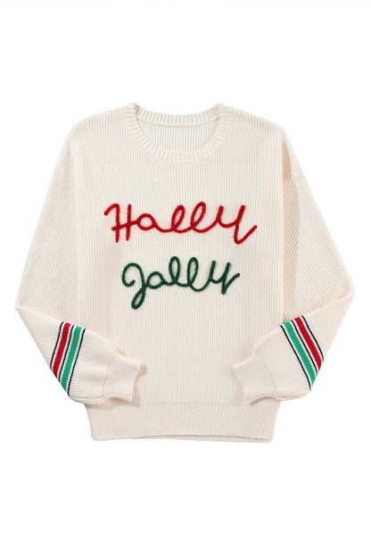 Beige Tinsel Holly Jolly Graphic Round Neck Sweater - Vesteeto