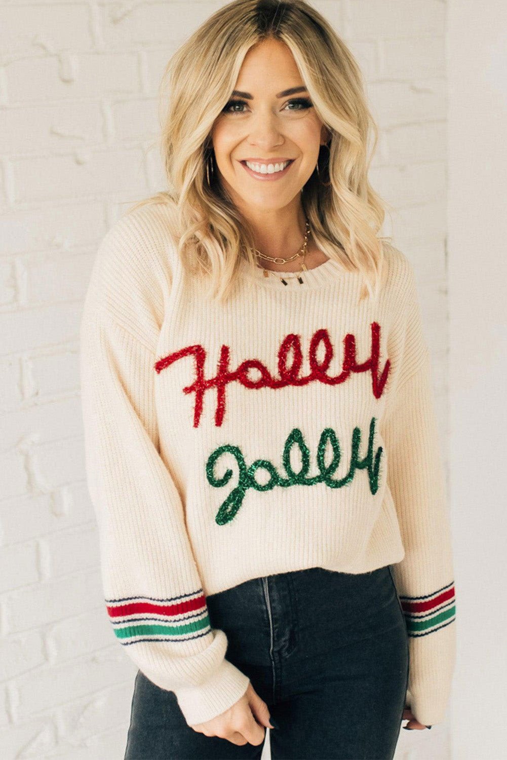 Beige Tinsel Holly Jolly Graphic Round Neck Sweater - Vesteeto