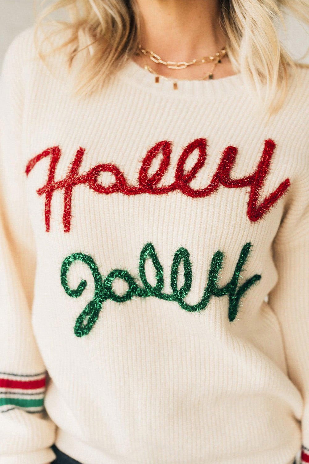 Beige Tinsel Holly Jolly Graphic Round Neck Sweater - Vesteeto