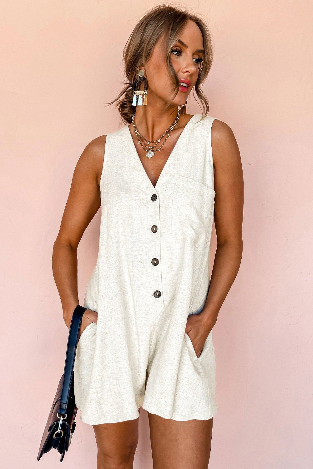 Beige V Neck Buttoned Front Chest Pocket Sleeveless Romper - Vesteeto