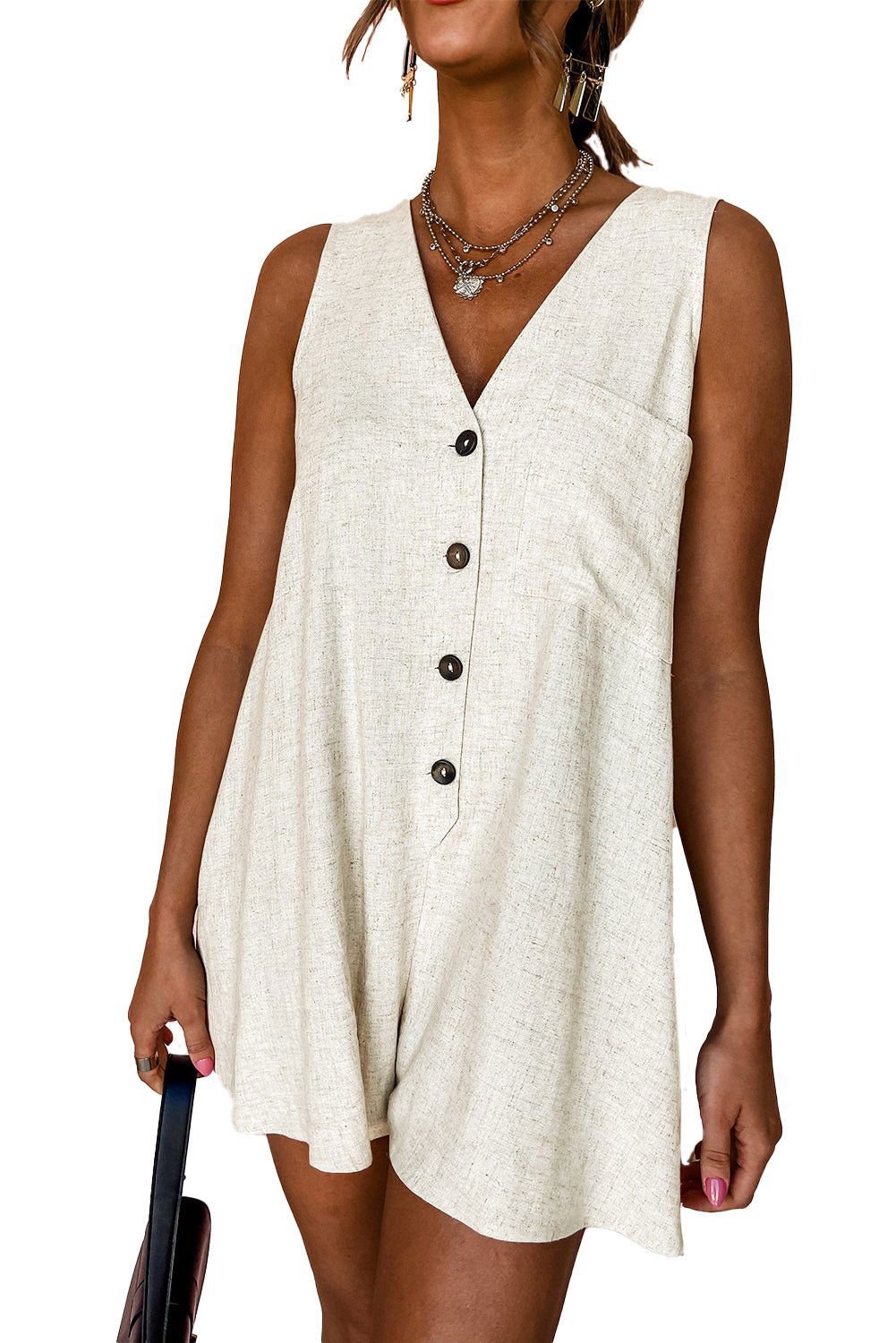 Beige V Neck Buttoned Front Chest Pocket Sleeveless Romper - Vesteeto