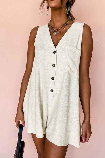 Beige V Neck Buttoned Front Chest Pocket Sleeveless Romper - Vesteeto