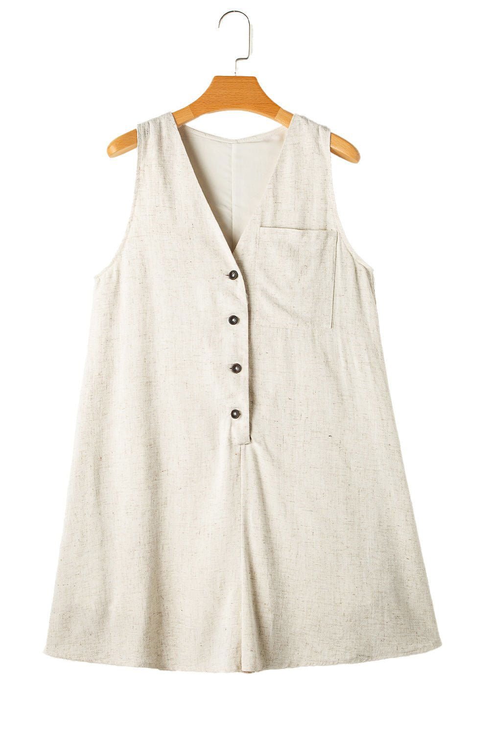 Beige V Neck Buttoned Front Chest Pocket Sleeveless Romper - Vesteeto