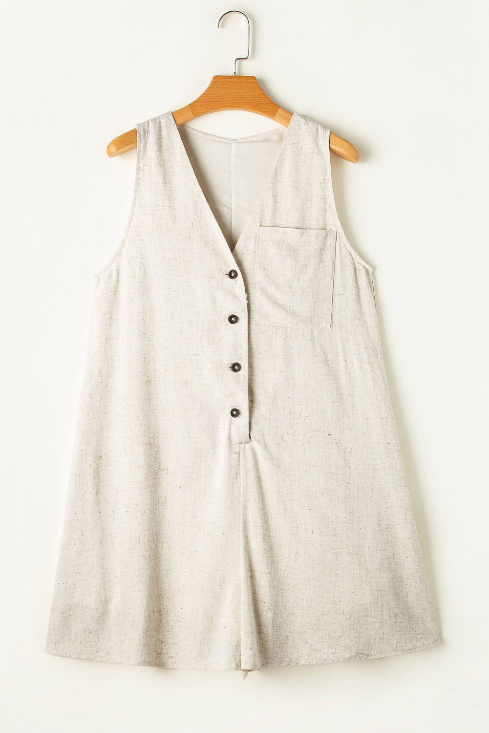 Beige V Neck Buttoned Front Chest Pocket Sleeveless Romper - Vesteeto