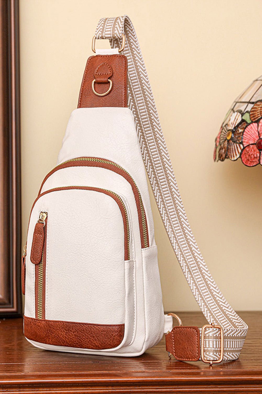 Beige Vintage PU Leather Zipped Crossbody Bag - Vesteeto