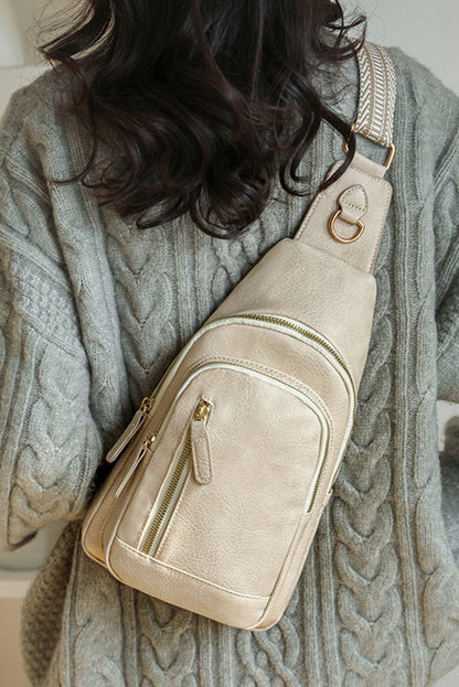 Beige Vintage PU Leather Zipped Crossbody Bag - Vesteeto