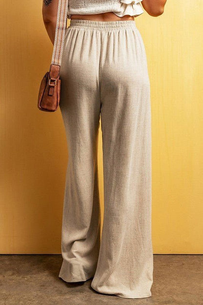 Beige Viscose Linen floor length wide leg pants - Vesteeto