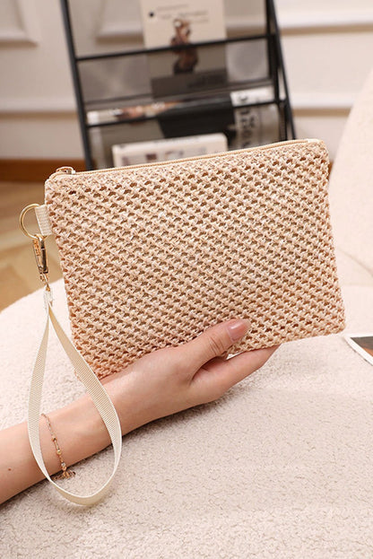 Beige Woven Zipper Wrist Strap Square Clutch - Vesteeto