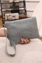 Beige Woven Zipper Wrist Strap Square Clutch - Vesteeto