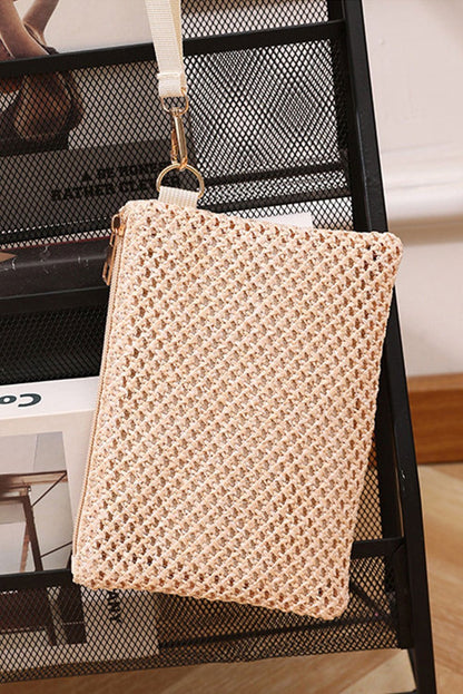 Beige Woven Zipper Wrist Strap Square Clutch - Vesteeto