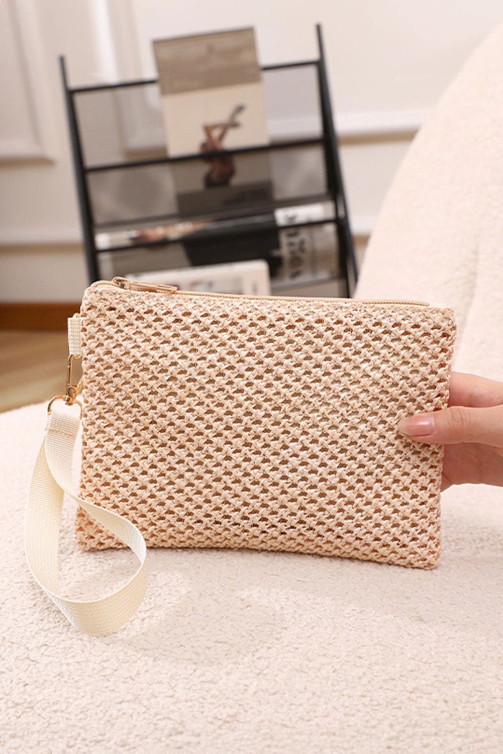 Beige Woven Zipper Wrist Strap Square Clutch - Vesteeto