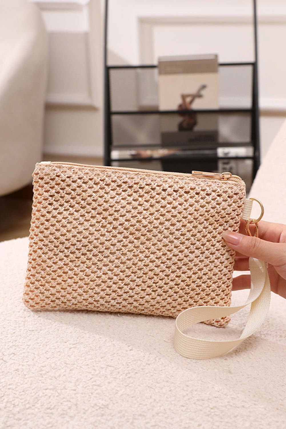 Beige Woven Zipper Wrist Strap Square Clutch - Vesteeto