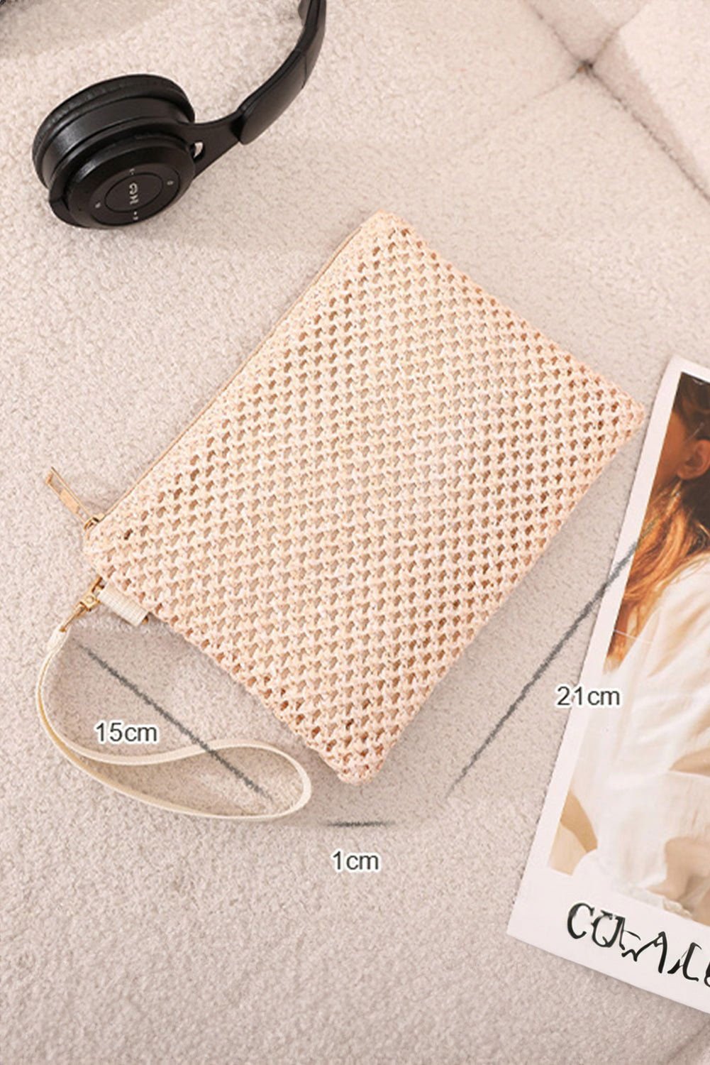 Beige Woven Zipper Wrist Strap Square Clutch - Vesteeto