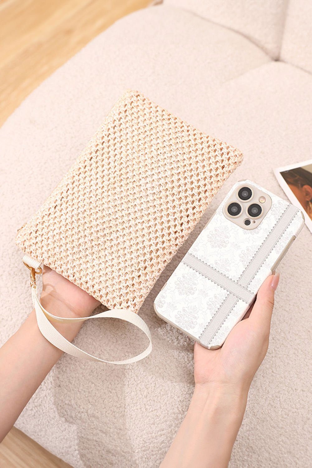 Beige Woven Zipper Wrist Strap Square Clutch - Vesteeto