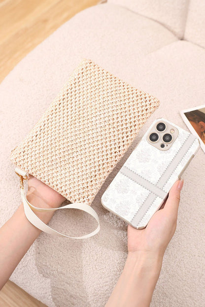 Beige Woven Zipper Wrist Strap Square Clutch - Vesteeto