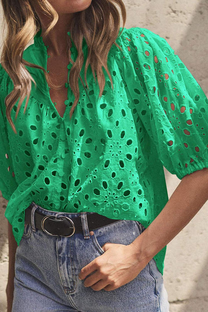 Green Flower Hollow-out Short Puff Sleeve Blouse 