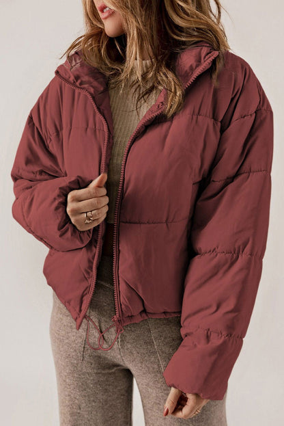 Biking Red Zip Up Drawstring Hem Pocket Puffer Coat - Warmth & Style - Vesteeto