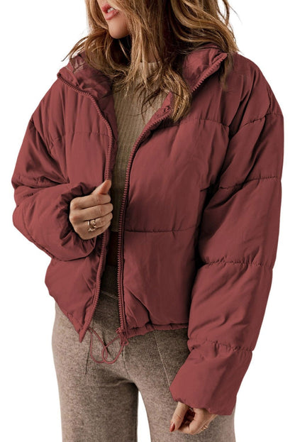 Biking Red Zip Up Drawstring Hem Pocket Puffer Coat - Warmth & Style - Vesteeto