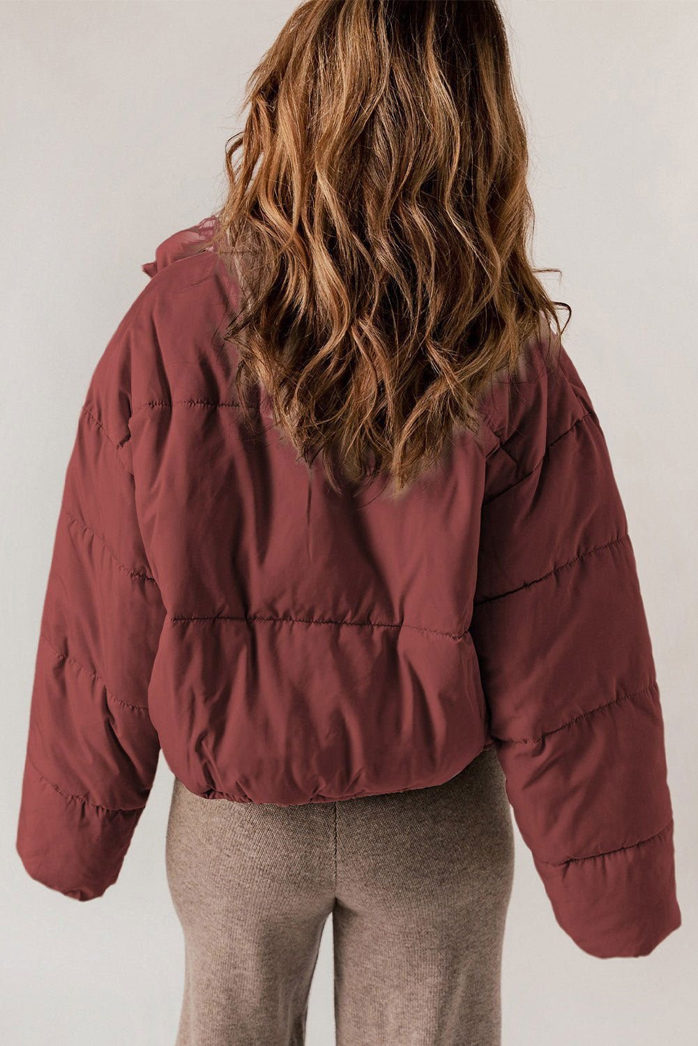 Biking Red Zip Up Drawstring Hem Pocket Puffer Coat - Warmth & Style - Vesteeto