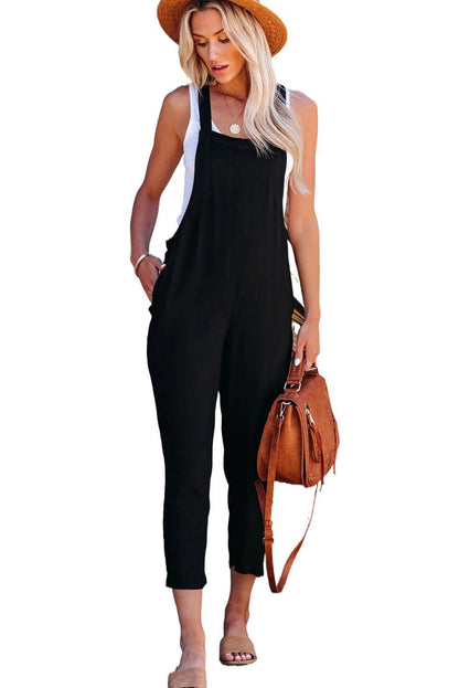 Black Adjustable Buckle Straps Cropped Jumpsuit - Vesteeto