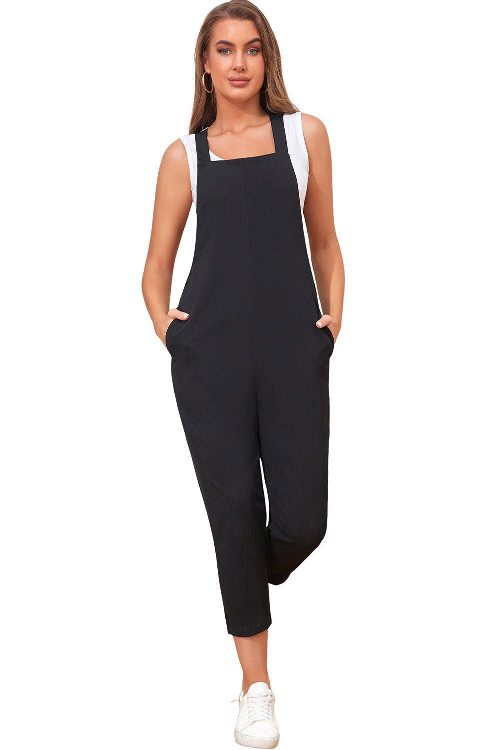 Black Adjustable Buckle Straps Cropped Jumpsuit - Vesteeto