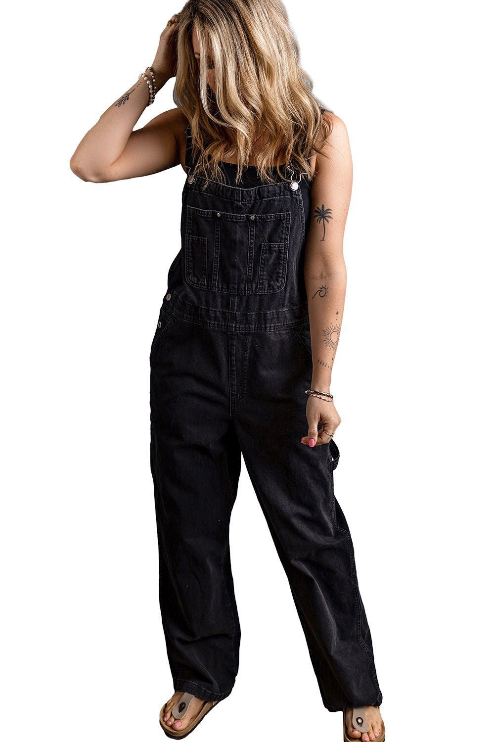 Black Adjustable Buckle Straps Multi Pocket Denim Jumpsuit - Vesteeto