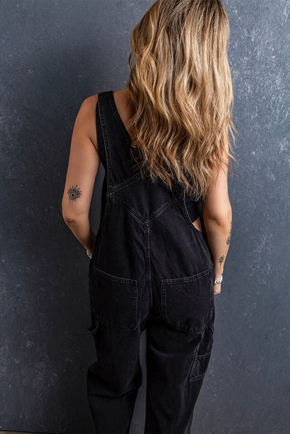 Black Adjustable Buckle Straps Multi Pocket Denim Jumpsuit - Vesteeto