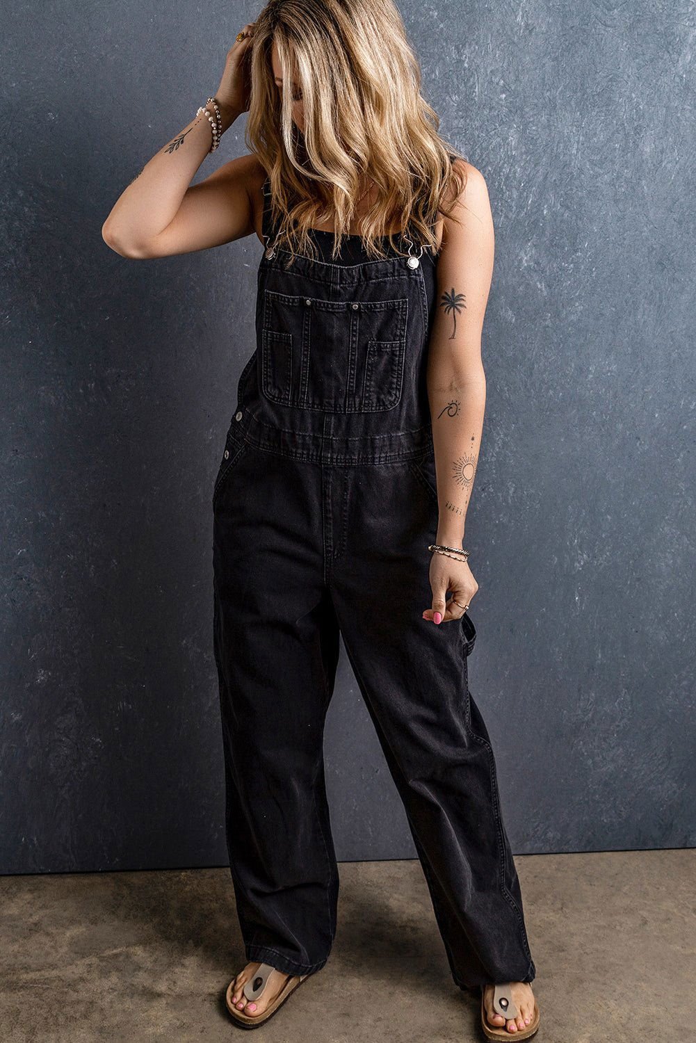 Black Adjustable Buckle Straps Multi Pocket Denim Jumpsuit - Vesteeto