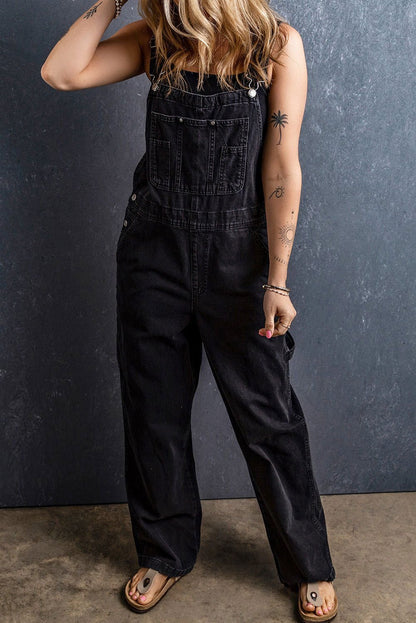 Black Adjustable Buckle Straps Multi Pocket Denim Jumpsuit - Vesteeto