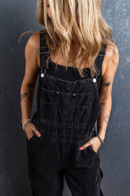 Black Adjustable Buckle Straps Multi Pocket Denim Jumpsuit - Vesteeto