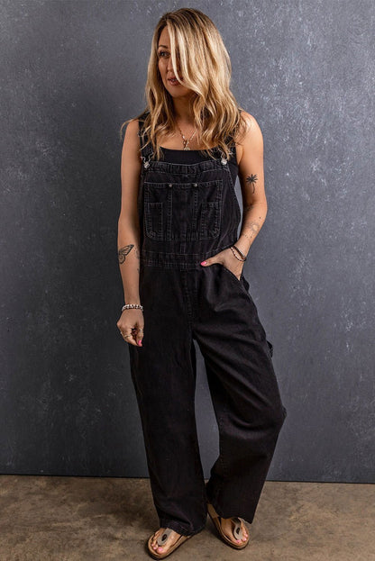 Black Adjustable Buckle Straps Multi Pocket Denim Jumpsuit - Vesteeto