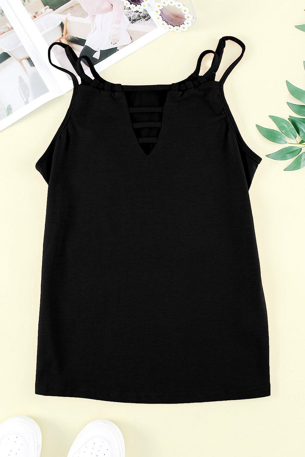 Black Basic Ladder Hollow - out Cami Top - Vesteeto