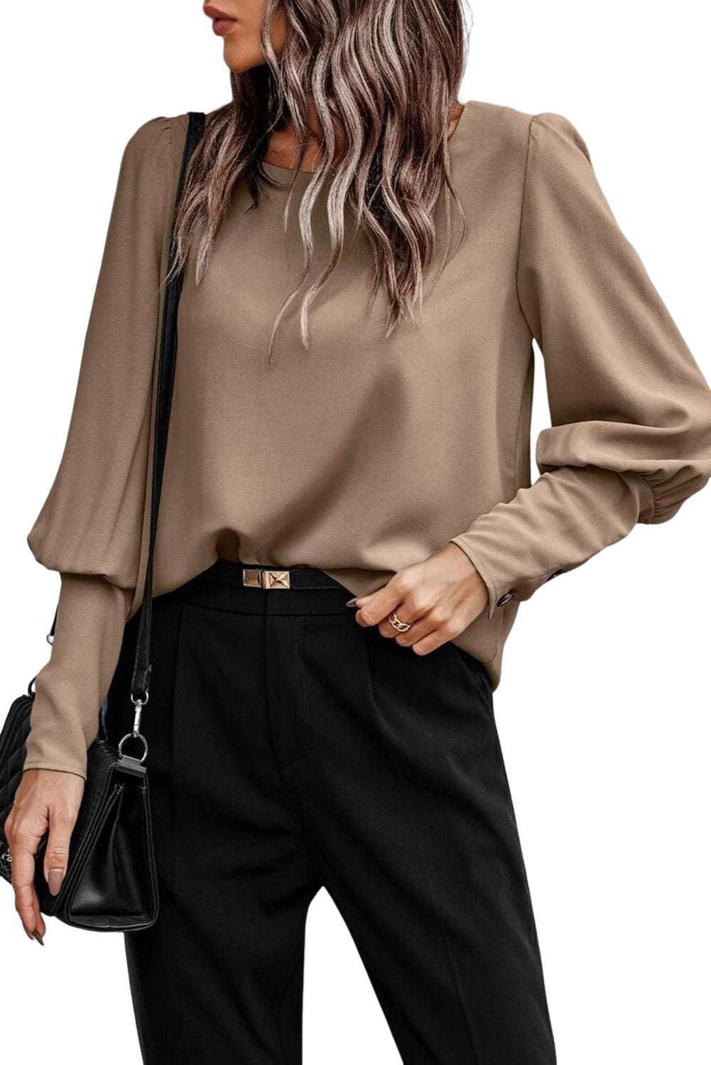 Black Basic Leg - of - mutton Sleeve Round Neck Blouse | Shop Now - Vesteeto