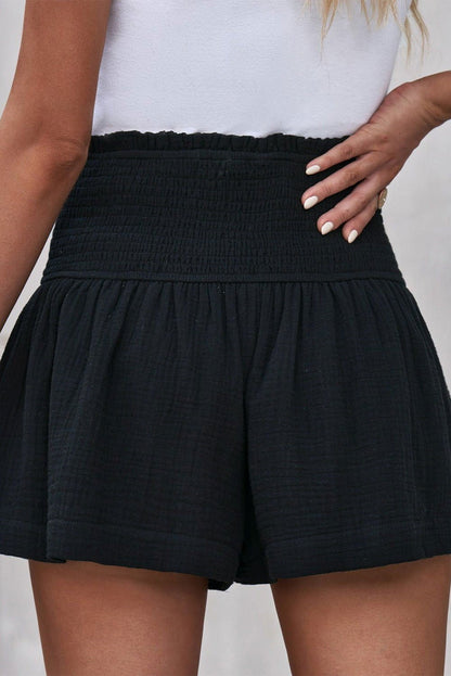 Black Basic Smocked High Waist Ruffle Shorts - Vesteeto