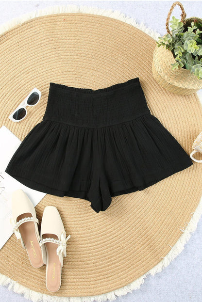 Black Basic Smocked High Waist Ruffle Shorts - Vesteeto