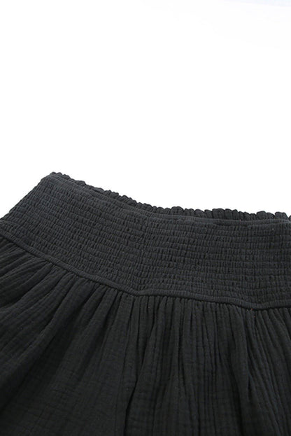 Black Basic Smocked High Waist Ruffle Shorts - Vesteeto