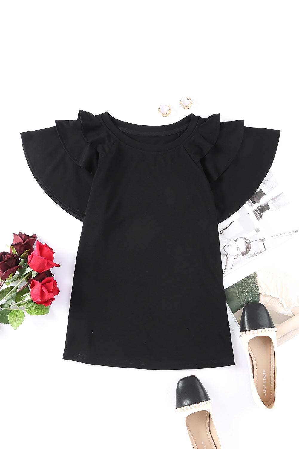 Black Basic Tiered Ruffle Casual Round Neck T Shirt 