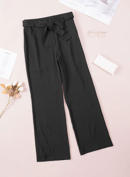 Black Belted Wide Leg High Waisted Pants for Women - Vesteeto