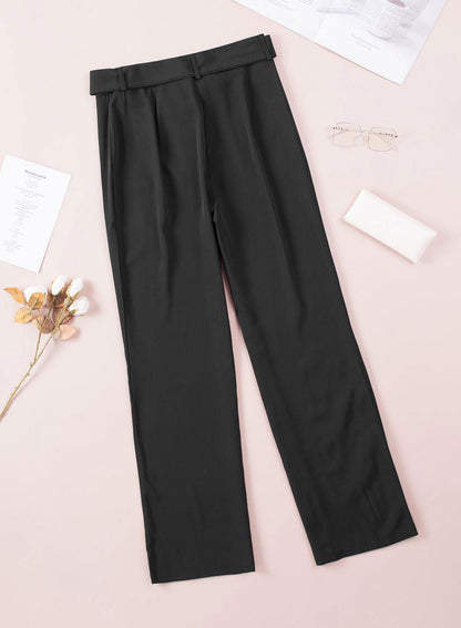 Black Belted Wide Leg High Waisted Pants for Women - Vesteeto