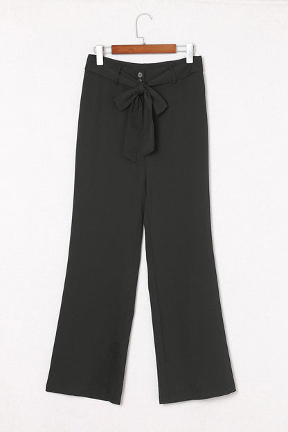 Black Belted Wide Leg High Waisted Pants for Women - Vesteeto