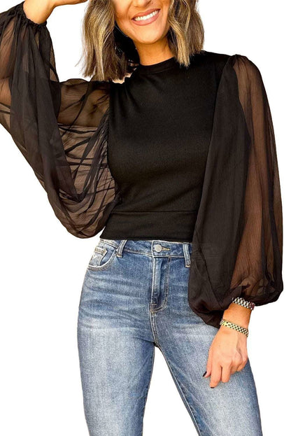 Black Billowy Mesh Lantern Sleeve Ribbed Top - Vesteeto