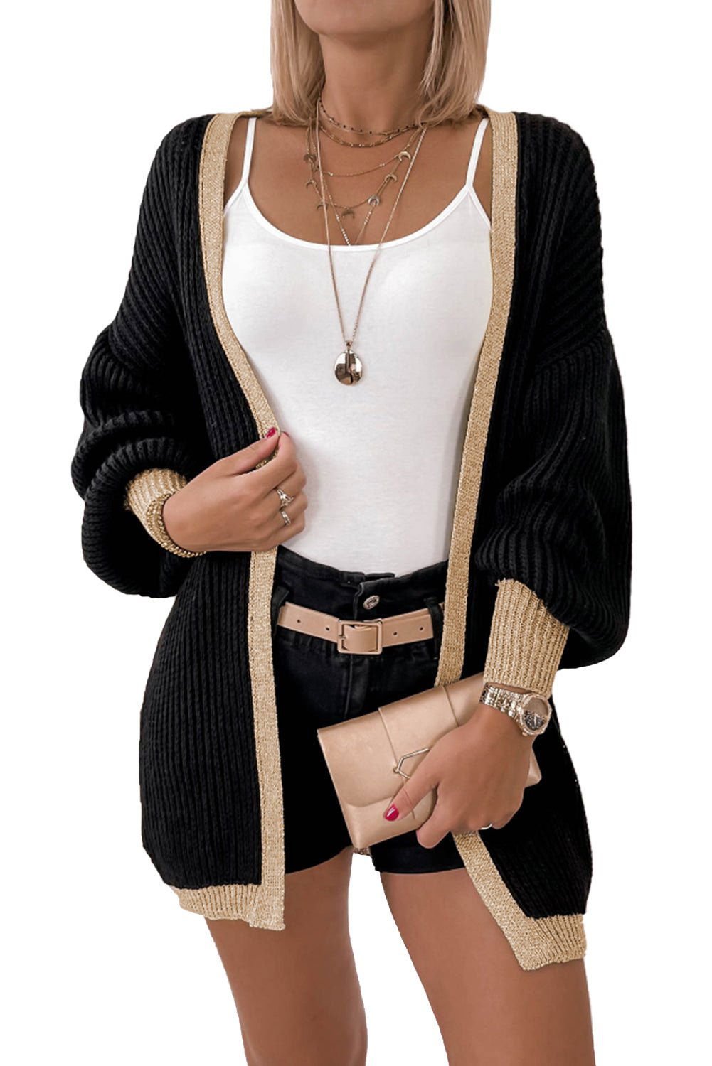 Black Bishop Sleeve Colorblock Open Front Cardigan Sweater - Vesteeto