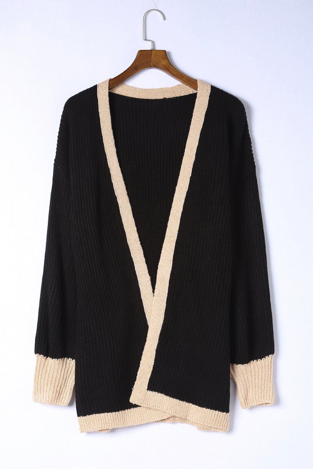 Black Bishop Sleeve Colorblock Open Front Cardigan Sweater - Vesteeto