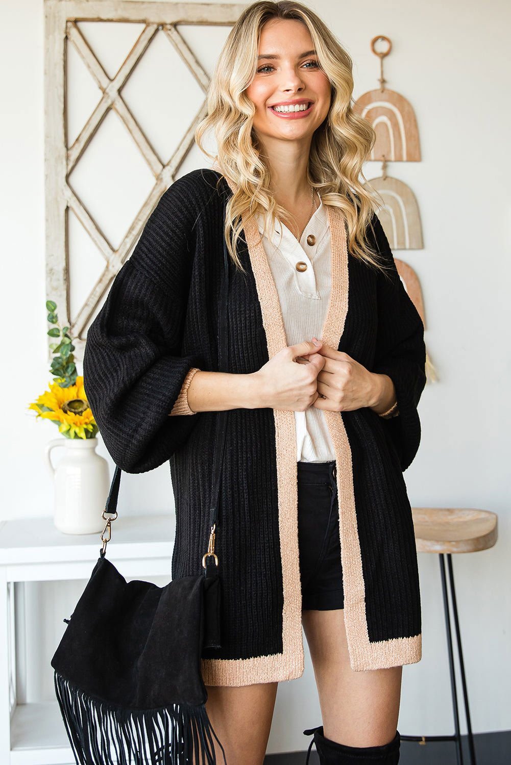 Black Bishop Sleeve Colorblock Open Front Cardigan Sweater - Vesteeto