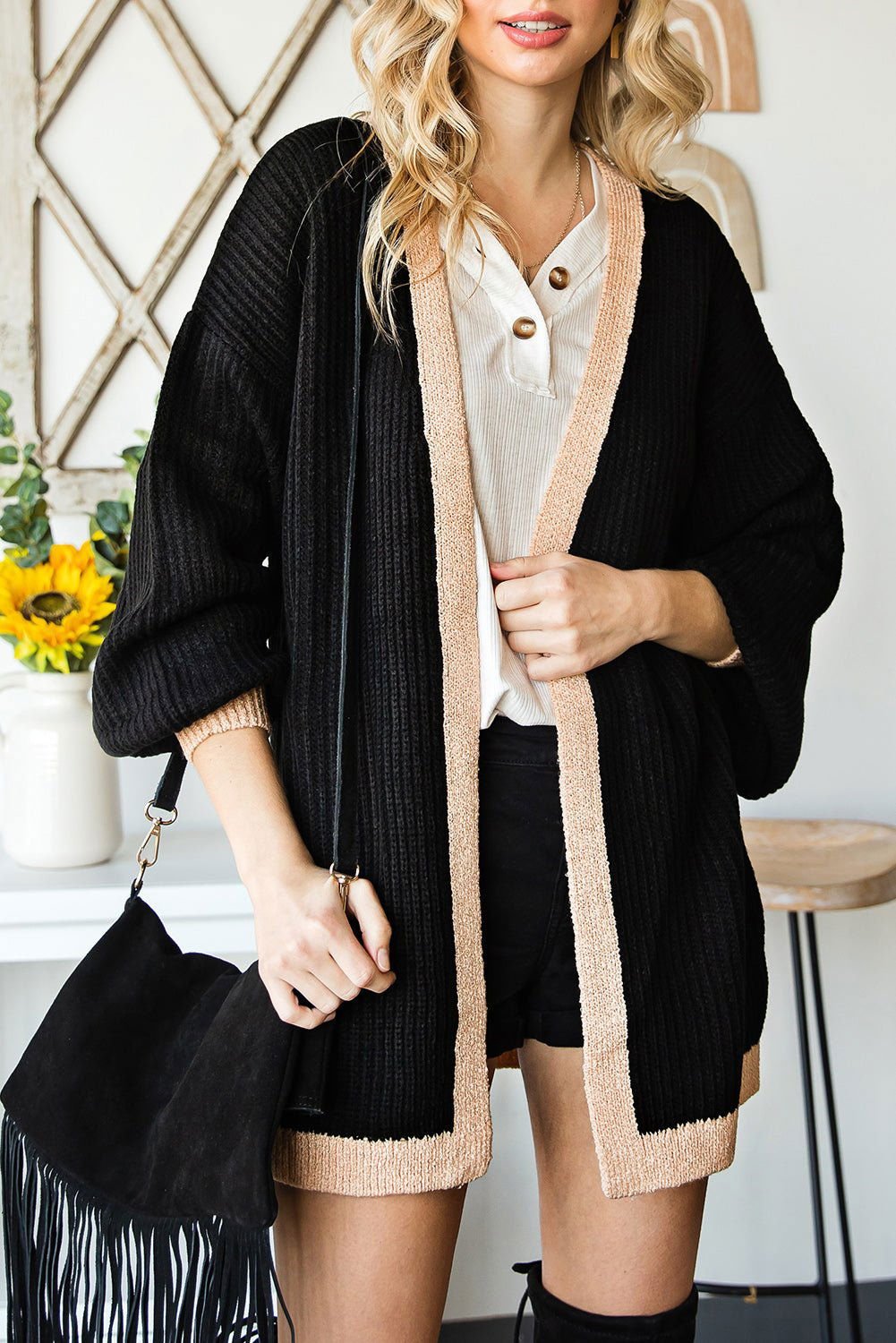 Black Bishop Sleeve Colorblock Open Front Cardigan Sweater - Vesteeto